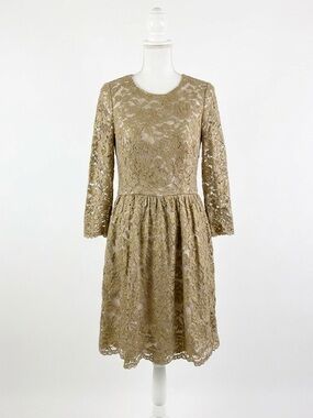 Boden Gold Metallic Lace Bow Back Dress Size US 8R Holiday Party Cocktail